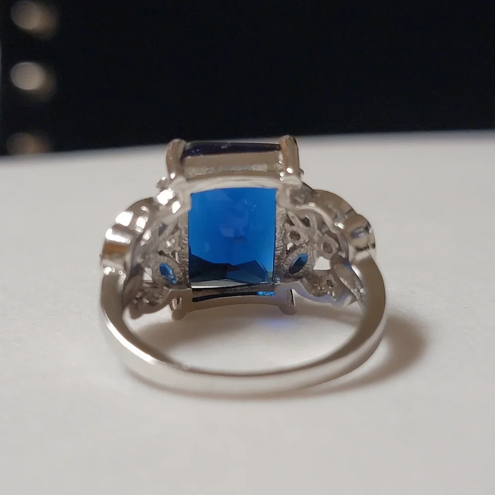 Simulated Sapphire Silver Tone Cocktail Ring Angel Wings and Marquise Stones